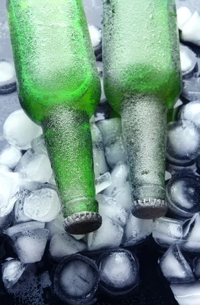Μπουκάλια μπύρας με παγάκια, κοντινό πλάνο — Φωτογραφία Αρχείου