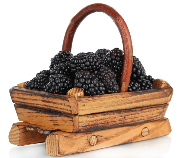 Sweet blackberries in wooden basket isolate on white — Stock Photo, Image