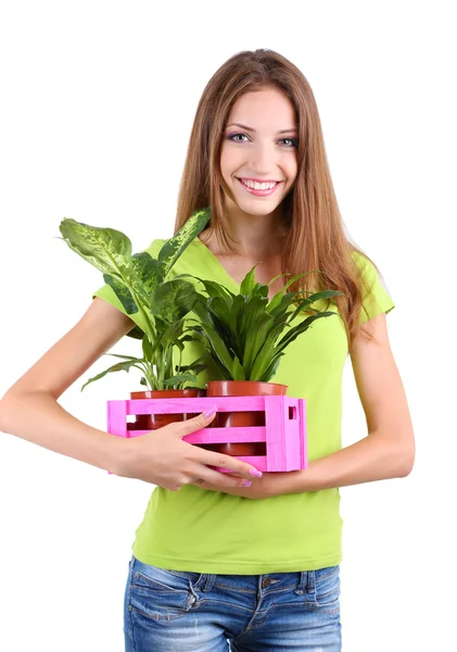 Bella ragazza con fiore in vaso isolato su bianco — Foto Stock