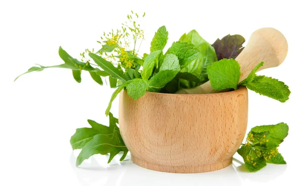 Fresh herbs in mortar, isolated on white — Stock Photo, Image