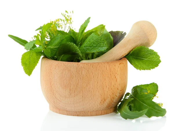 Fresh herbs in mortar, isolated on white — Stock Photo, Image