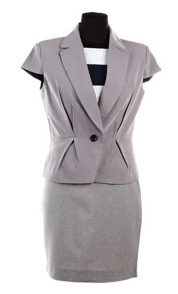 Mooie blouse, jas en grijze broek op mannequin, geïsoleerd op wit — Stockfoto