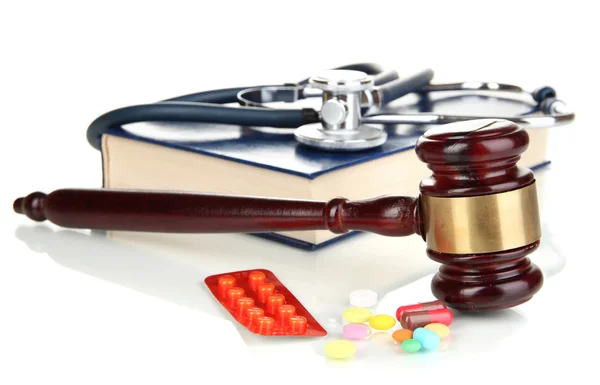 Medicine law concept. Gavel and pills isolated on white — Stock Photo, Image