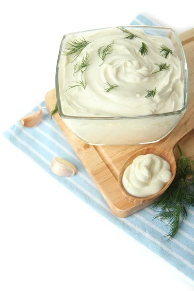 Sour cream in bowl close-up — Stock Photo, Image