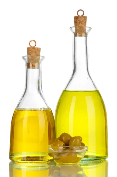 Original glass bottles with salad dressing isolated on white — Stock Photo, Image