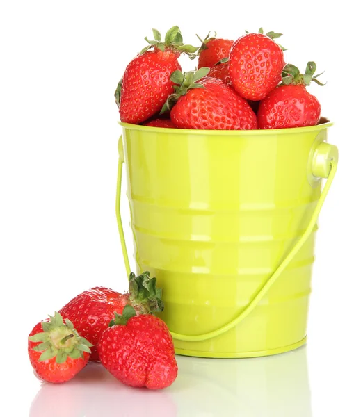 Färska jordgubbar i hink isolerad på vit — Stockfoto