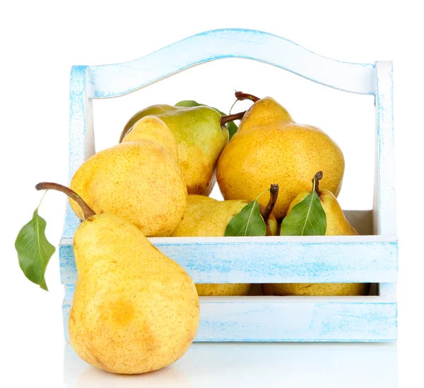 Juicy pears in wooden box isolated on white — Stock Photo, Image