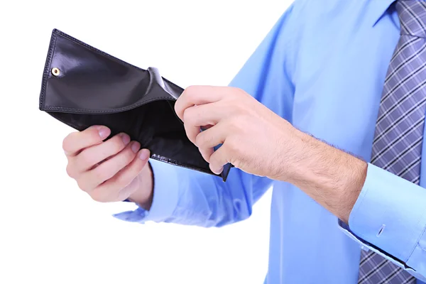 Business man showing his empty purse, isolated on white — Stock Photo, Image