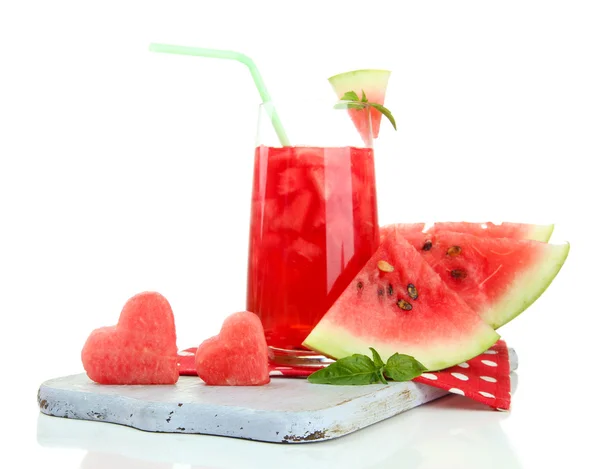 Fresh watermelon and glass of watermelon juice isolated on white — Stock Photo, Image