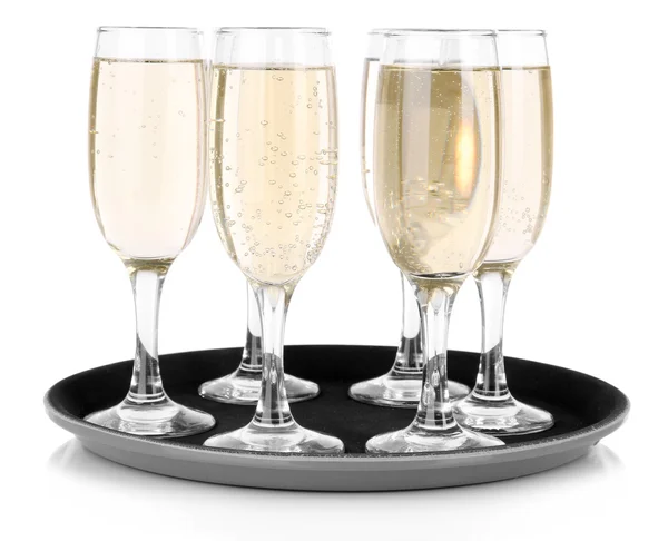 Many glasses of champagne on the tray, isolated on white — Stock Photo, Image