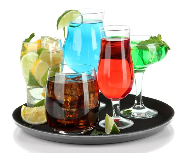 Many glasses of cocktails on tray, isolated on white — Stock Photo, Image