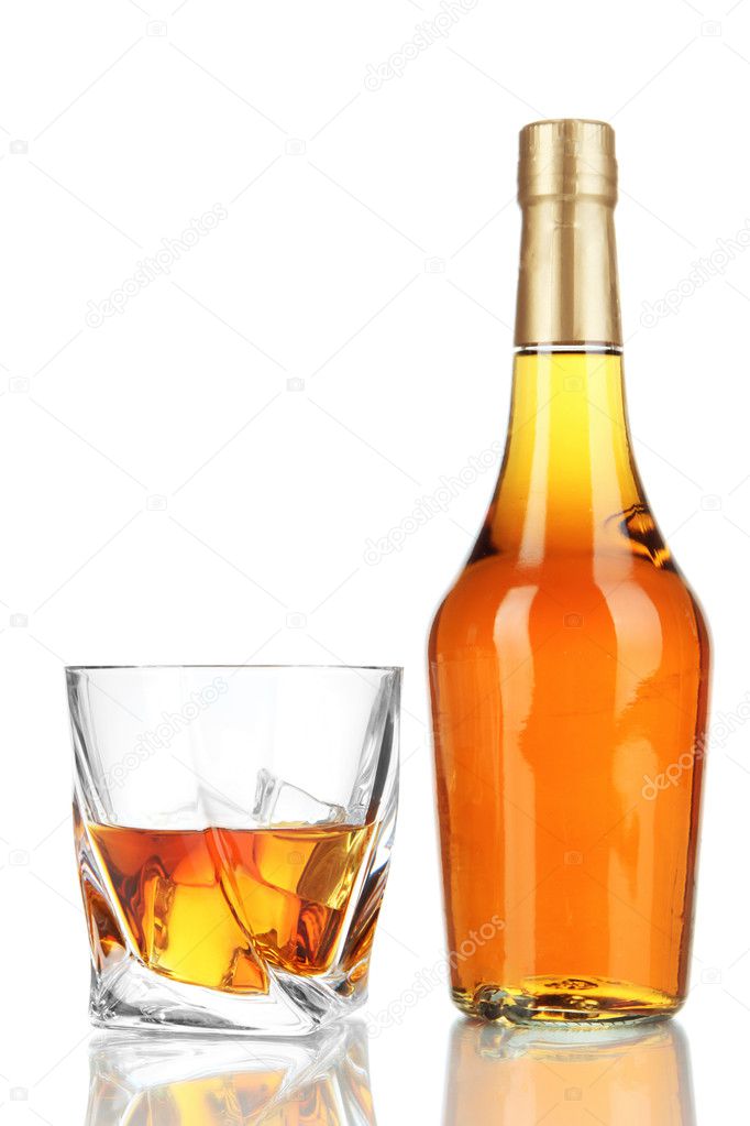 Glasses of whiskey with bottle, isolated on white