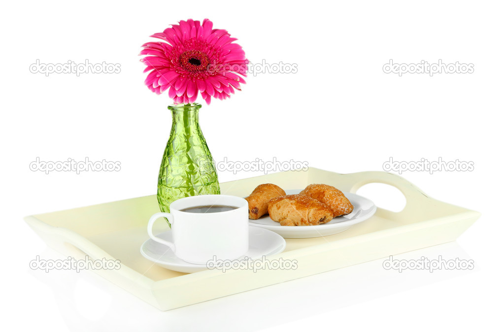 Wooden tray with breakfast, isolated on white
