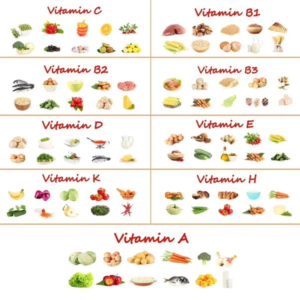 Collage av olika livsmedel som innehåller vitaminer — Stockfoto