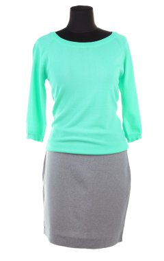 güzel bluz ve üzerinde beyaz izole manken üzerinde gri etek