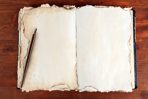 Abrir livro velho e caneta de tinta em fundo de madeira — Fotografia de Stock