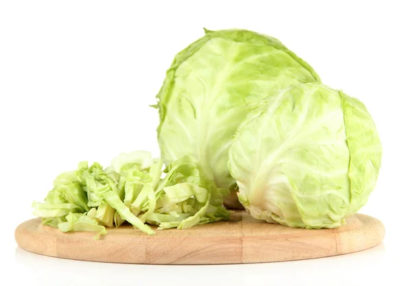 Green cabbage sliced on cutting board, isolated on white — Stock Photo, Image