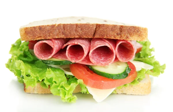 Tasty sandwich with salami sausage and vegetables, isolated on white — Stock Photo, Image