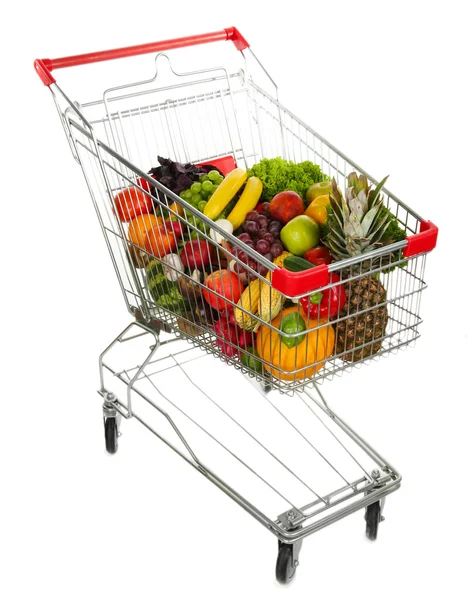 Different fruits and vegetables in trolley isolated on white — Stock Photo, Image