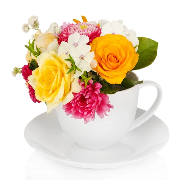 Beautiful bouquet of bright flowers in color mug, isolated on white — Stock Photo, Image