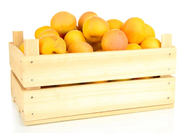 Verse natuurlijke abrikoos in houten doos geïsoleerd op wit — Stockfoto