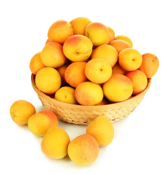 Fresh natural apricot in wicker basket isolated on white — Stock Photo, Image