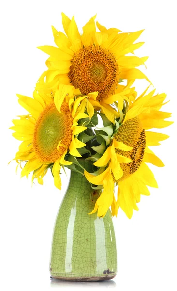 Beautiful sunflowers in color vase, isolated on white