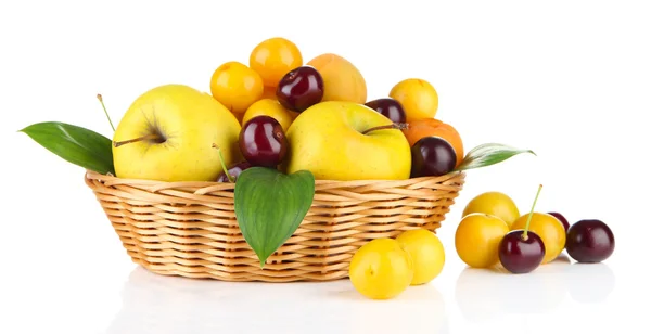 Bright summer fruits in basket isolated on white — Stock Photo, Image