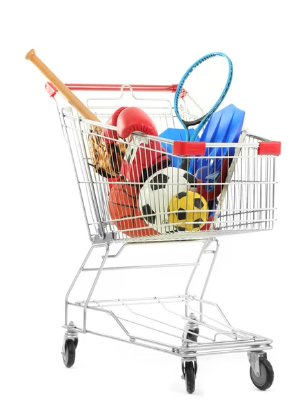 Shopping cart with sport equipment, isolated on white — Stock Photo, Image