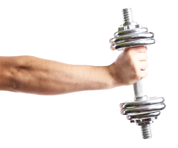 Sportsman hand with dumbbell, isolated on white — Stock Photo, Image