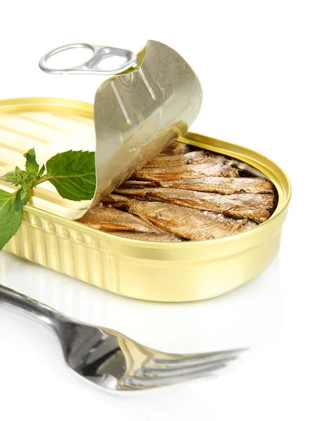 Open blikje met sardines, geïsoleerd op wit — Stockfoto