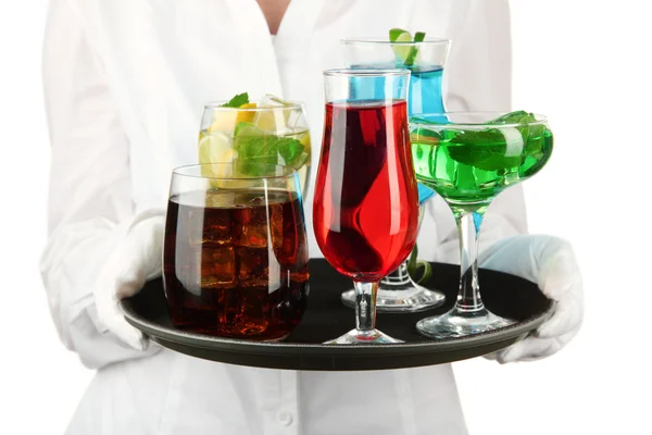 Waitresses holding tray with glasses of cocktails, isolated on white — Stock Photo, Image