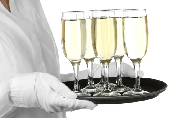 Waitresses holding tray with glasses of champagne, isolated on white — Stock Photo, Image