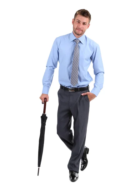 Homme d'affaires avec parapluie, isolé sur blanc — Photo