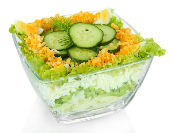 Delicious salad with eggs, cabbage and cucumbers, isolated on white — Stock Photo, Image