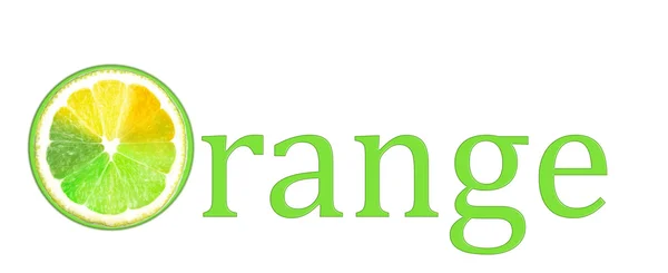 Parola "Arancione" con pezzo multicolore di limone isolato su bianco — Foto Stock