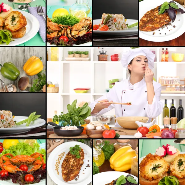 Collage on culinary theme consisting of delicious dishes and cooks — Φωτογραφία Αρχείου