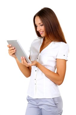 genç güzel iş kadını ile üzerine beyaz izole tablet