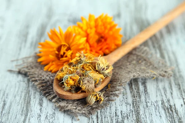 Flores de caléndula frescas y secas sobre fondo de madera —  Fotos de Stock