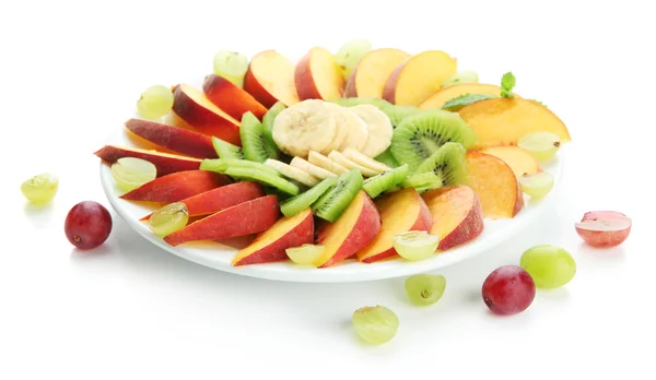 Assortment of sliced fruits on plate, isolated on white — Stock Photo, Image