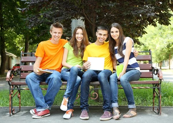 Heureux groupe de jeunes étudiants assis dans le parc — Photo