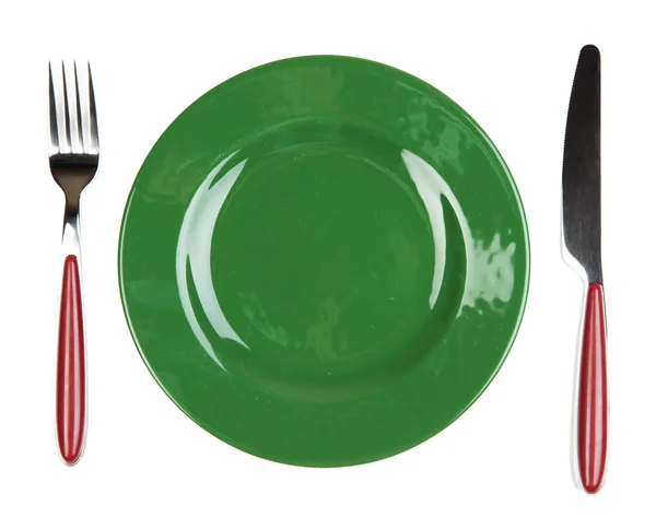 Kniv, färgplåt och gaffel, isolerad på vit — Stockfoto