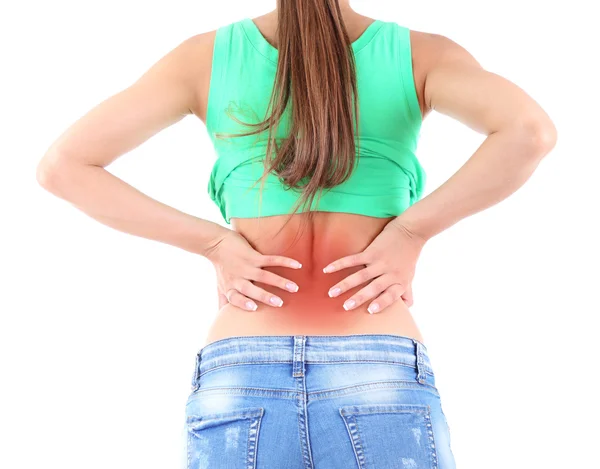 Rückenschmerzen bei jungen Mädchen isoliert auf weiß — Stockfoto