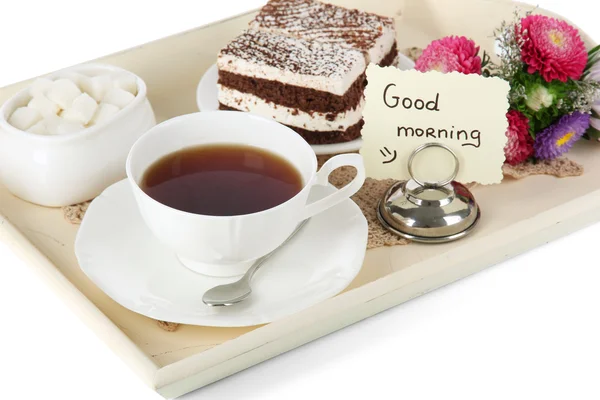 Cup of tea with cakes on wooden tray isolated on white — Stock Photo, Image