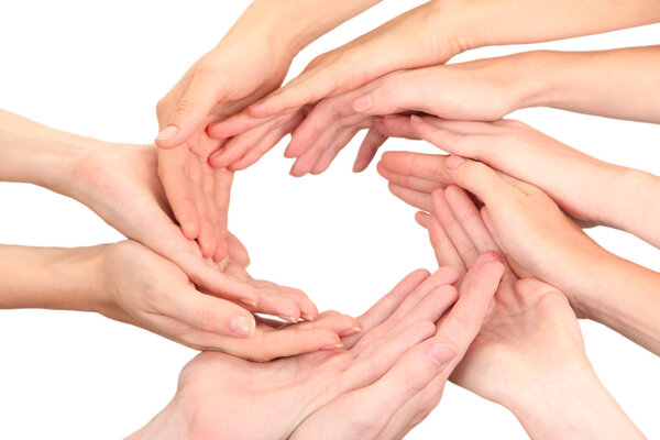 Ring of hands. Conceptual photo of teamwork, isolated on white