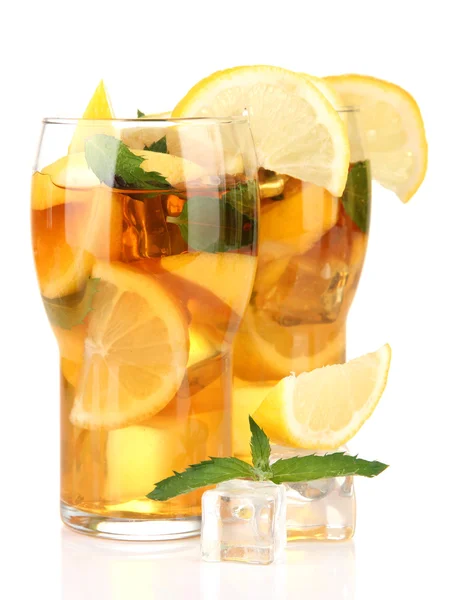 Iced tea with lemon and mint isolated on white Stock Photo