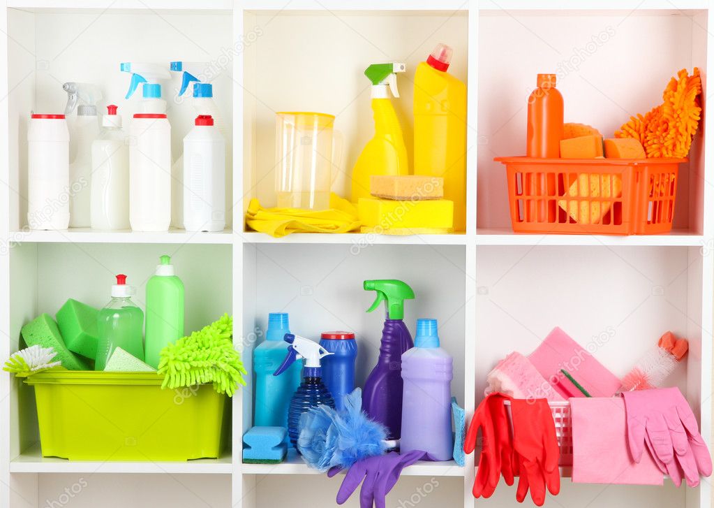 Shelves in pantry with cleaners for home close-up