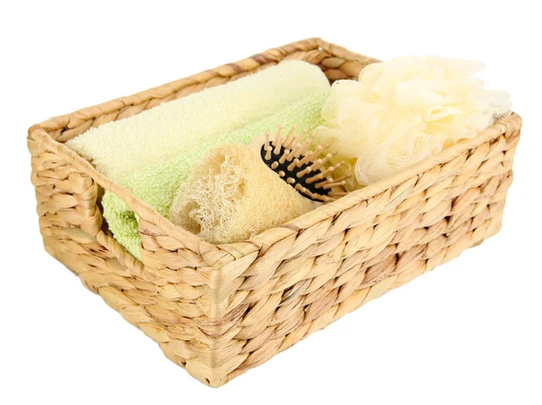 Set for spa in wicker basket, isolated on white — Stock Photo, Image