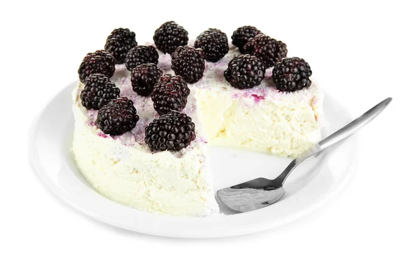 Cheesecake with fresh berries on white plate isolated on white — Stock Photo, Image
