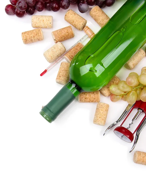 Fles wijn, druiven en kurken, geïsoleerd op wit — Stockfoto